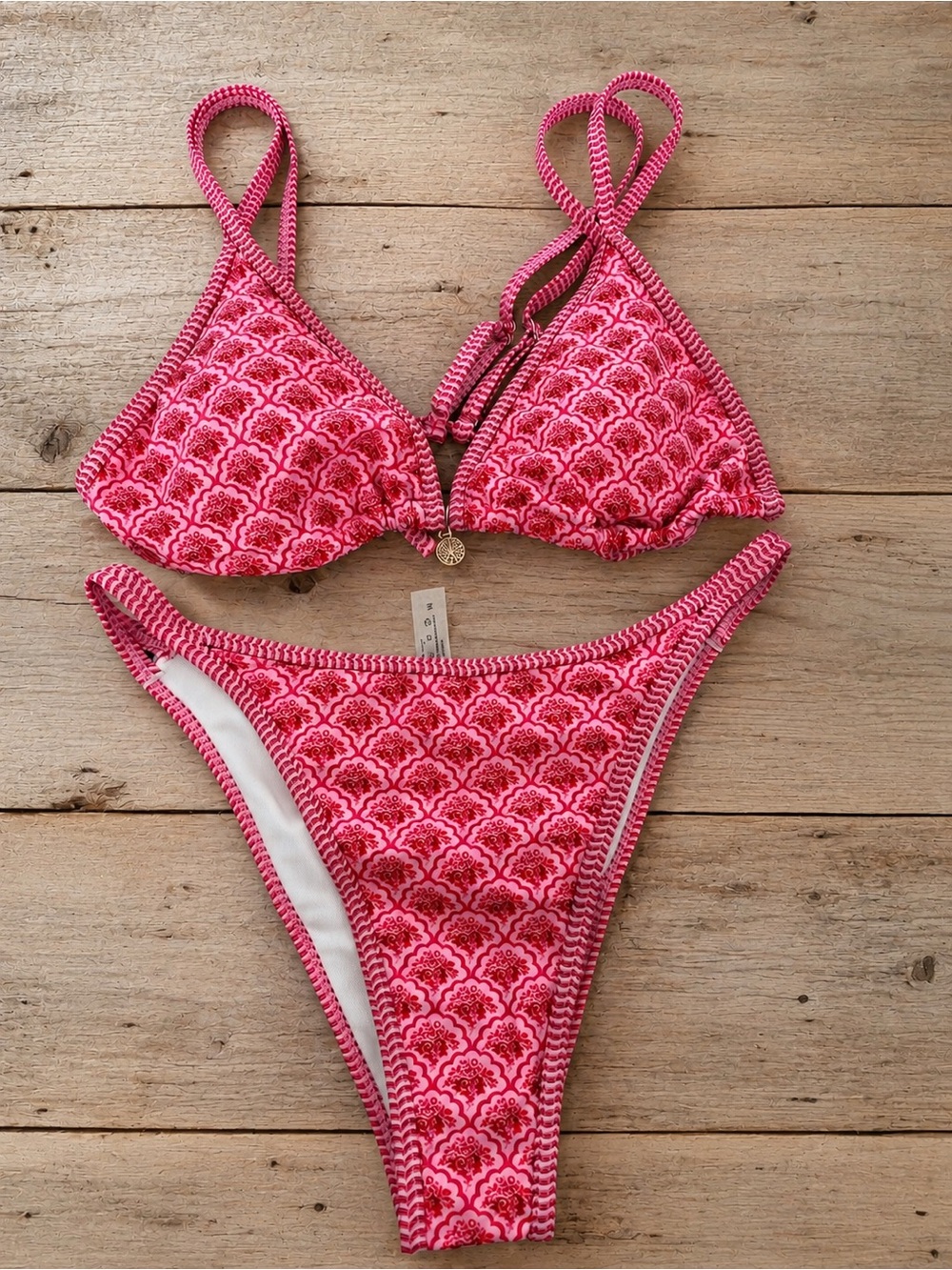 Pink Patterned Triangle Bikini Set - Women Swim